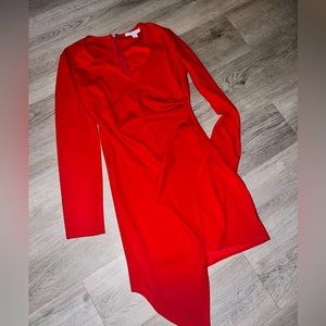 Red shirt dress, with a split.